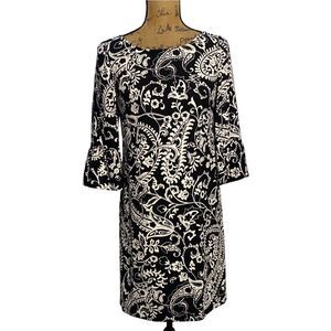 Talbots Dress 2P Black White Floral Paisley Ruffle Cuff Elbow Sl Classy Career
